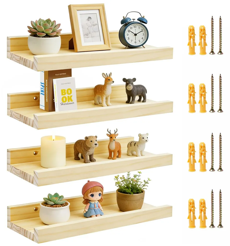 Étagère suspendue bois massif lot de 4 pour décoration murale design