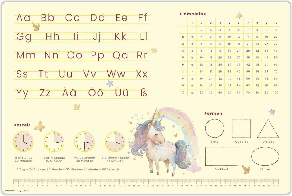 Schreibtischunterlage für Kinder – Lernunterlage in Einhorn Optik - ABC, 1x1, Uhrzeiten – 60 x 40 cm – aus Vinyl - Germany - Mädchen