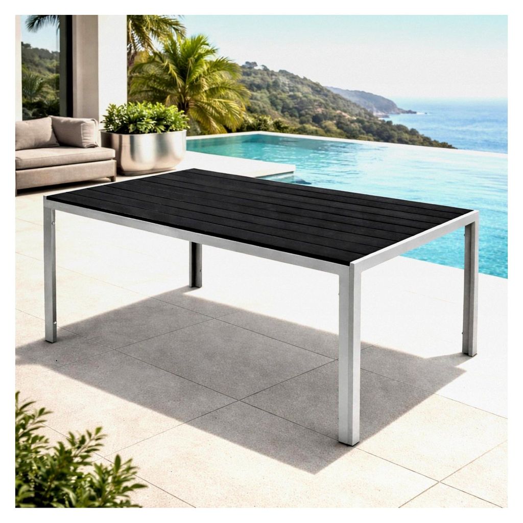 XL Aluminium Gartentisch Silber/Schwarz Esstisch Gartenmöbel Holzimitat wetterfest 180x90x74cm