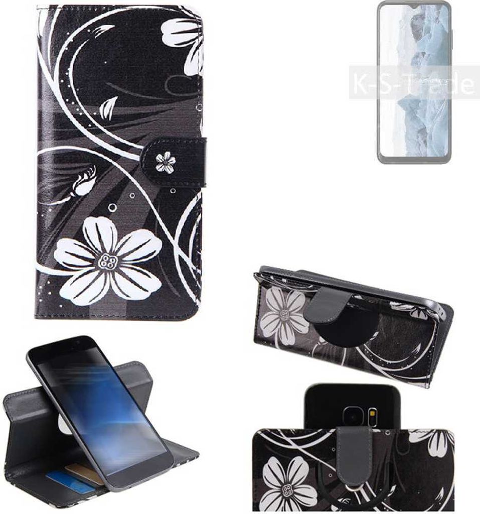 K-S-Trade Schutzhülle Handyhülle kompatibel mit Nokia G60 5G Hülle 360° Wallet Case ''Flowers'' Klapphülle Hülle schwarz-weiß 1x