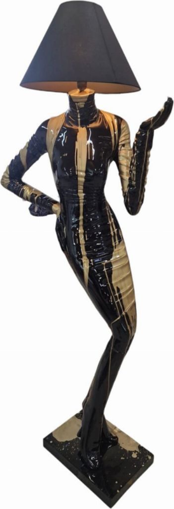 große moderne Stehlampe als Frauenfigur schwarz gold / Lady Lampe 185cm hoch Beleuchtung - GFK - lebensgroß - für innen