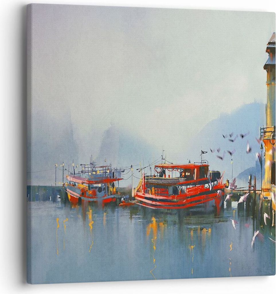 Bild auf Leinwand - Leinwandbild - Hafen Laterne Boot - 40x40cm - Wand Bild - Wanddeko - Wandbilder - Leinwanddruck - Bilder - Kunstdruck - Wanddek...