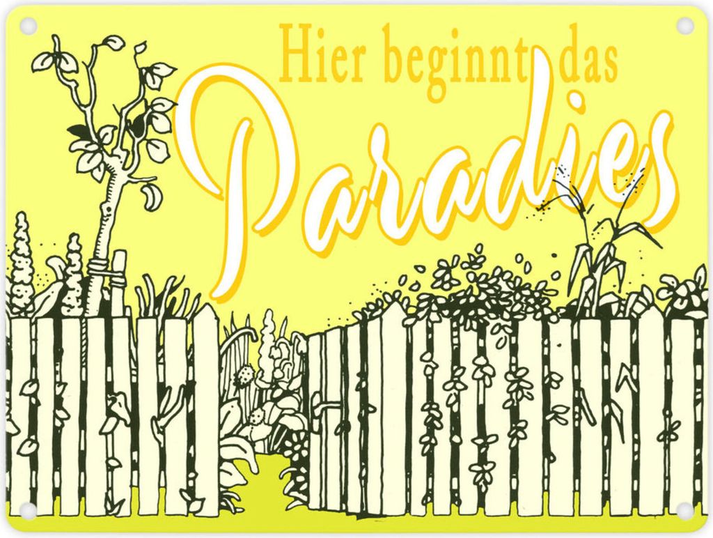 Gartenparadies Metallschild in 15x20 cm gelb zum Thema Urlaub im Garten