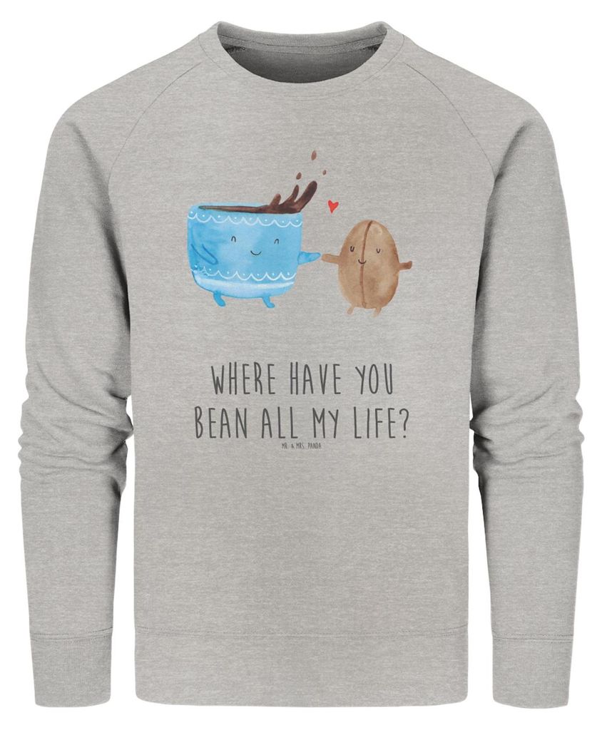 Mr. & Mrs. Panda Baumwoll Pullover Kaffee Bohne Größe XS - Heather Grey - Geschenk, Lustige Sprüche, Pulli, Kaffeebohne, Sweater, Glück, Bio-Pu...