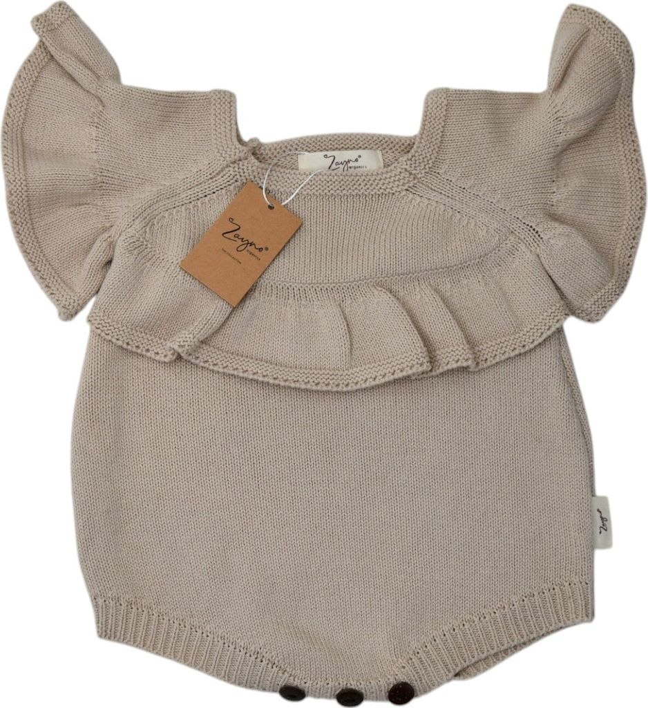Zayno Body mit Trompetenärmeln 3-6 Monate 100% Biobaumwolle in Naturbraun | Retro, Romper, Strick, Overall, Strampler, Vintage, nachhaltige Mode...