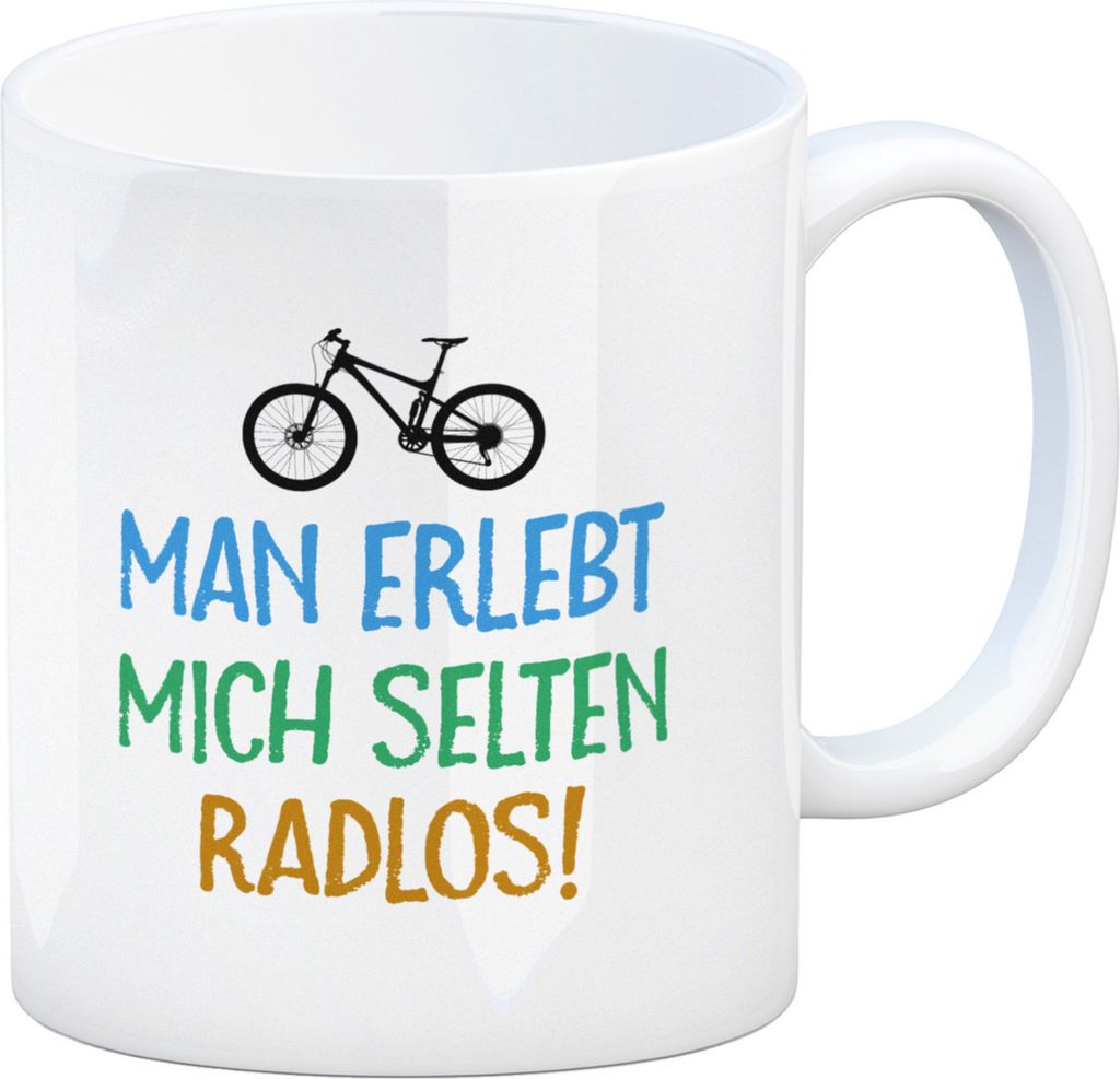 Man erlebt mich selten radlos Kaffeebecher mit Mountainbike Produktbild 