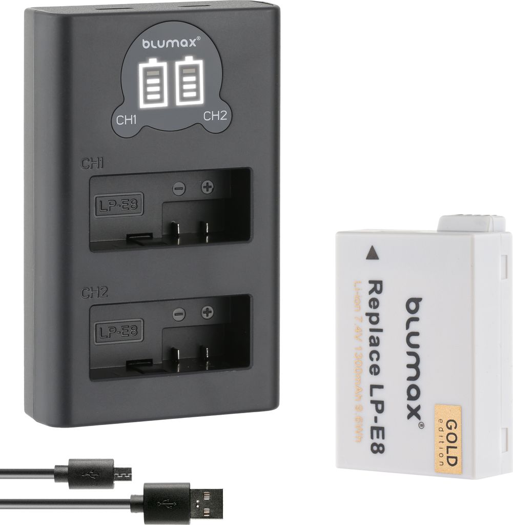 1x Akku + LCD Lader für Canon EOS 550D, 600D, 650D, 700D - LP-E8 1260 mAh (7,2V)