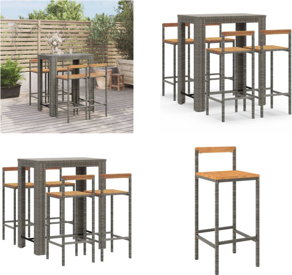 vidaXL 5 tlg. Gartenbar Set Grau Poly Rattan & Massivholz Akazie - Gartenbar Set - Gartenbar Sets - Garten Bar Set - Gartenbar