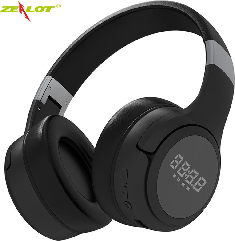 A black over-ear Bluetooth headset with a digital display on the right earcup.