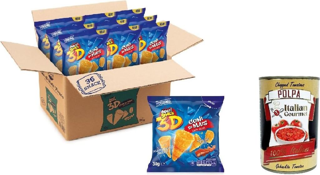 Aperisnack 3D Coni Mais gusto vivace Bustina Monoporzione Lebhaft aromatisierte Maiszapfen, 30 g Einzeldosisbeutel mit 36 Stück + Italian Gourmet ...