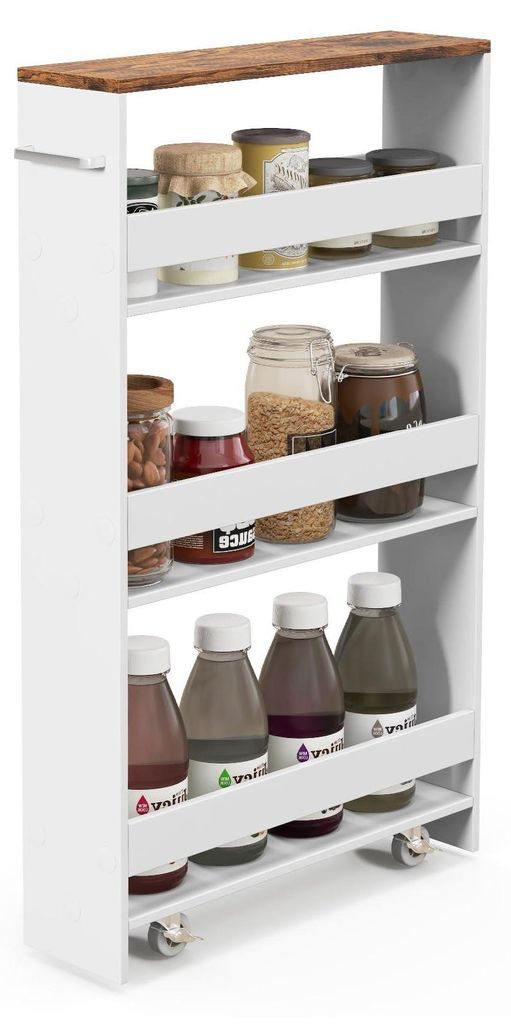 A white and brown narrow shelving unit filled with jars and bottles.