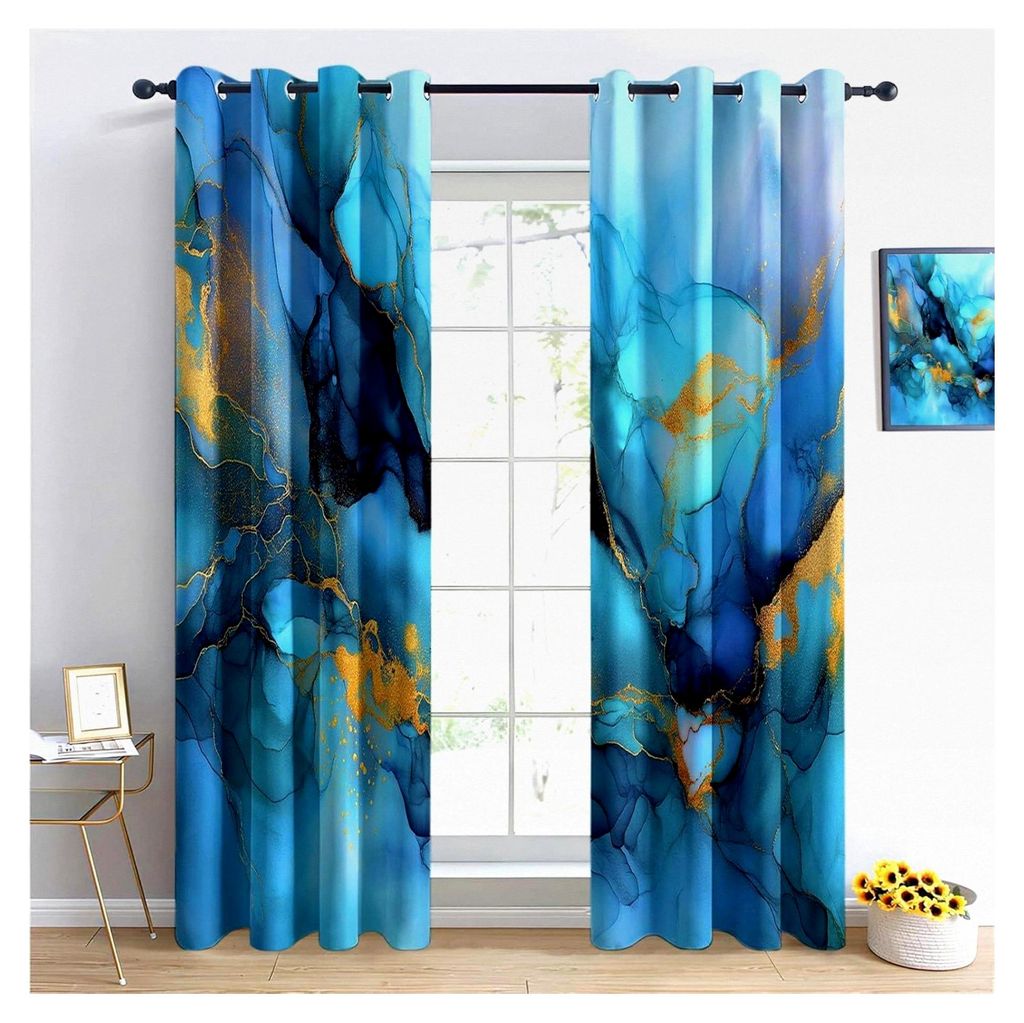 Blickdichte Vorhänge im modernen Design mit blauem Marmor und goldenen Akzenten, 2er Set, B 100 x H 110 cm, lichtundurchlässig, thermovorhang, K...