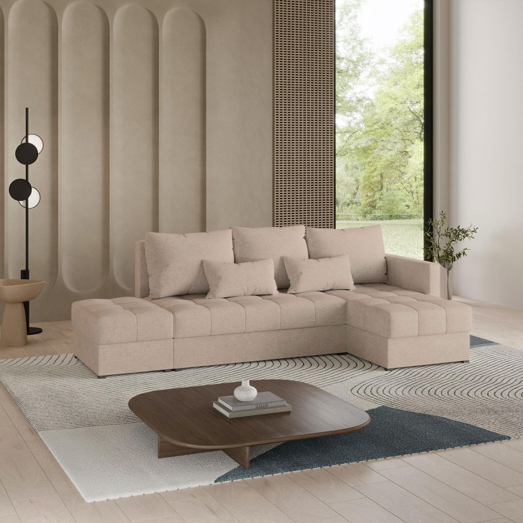 Masseno Ecksofa LUMARI R-S mit Schlaffunktion L-Form, Sofa mit Bettkasten, Wohnzimmersofa, Couch, Soffa, Bettsofa, Couchgarnitur- Beige, NEVE 04