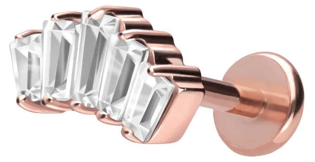 Ohrpiercing, Nasenpiercing Titan Labret mit Push Fit 5 EINGEFASSTE KRISTALLRECHTECKE RoséGold Stablänge: 10mm | Stabstärke: 1mm