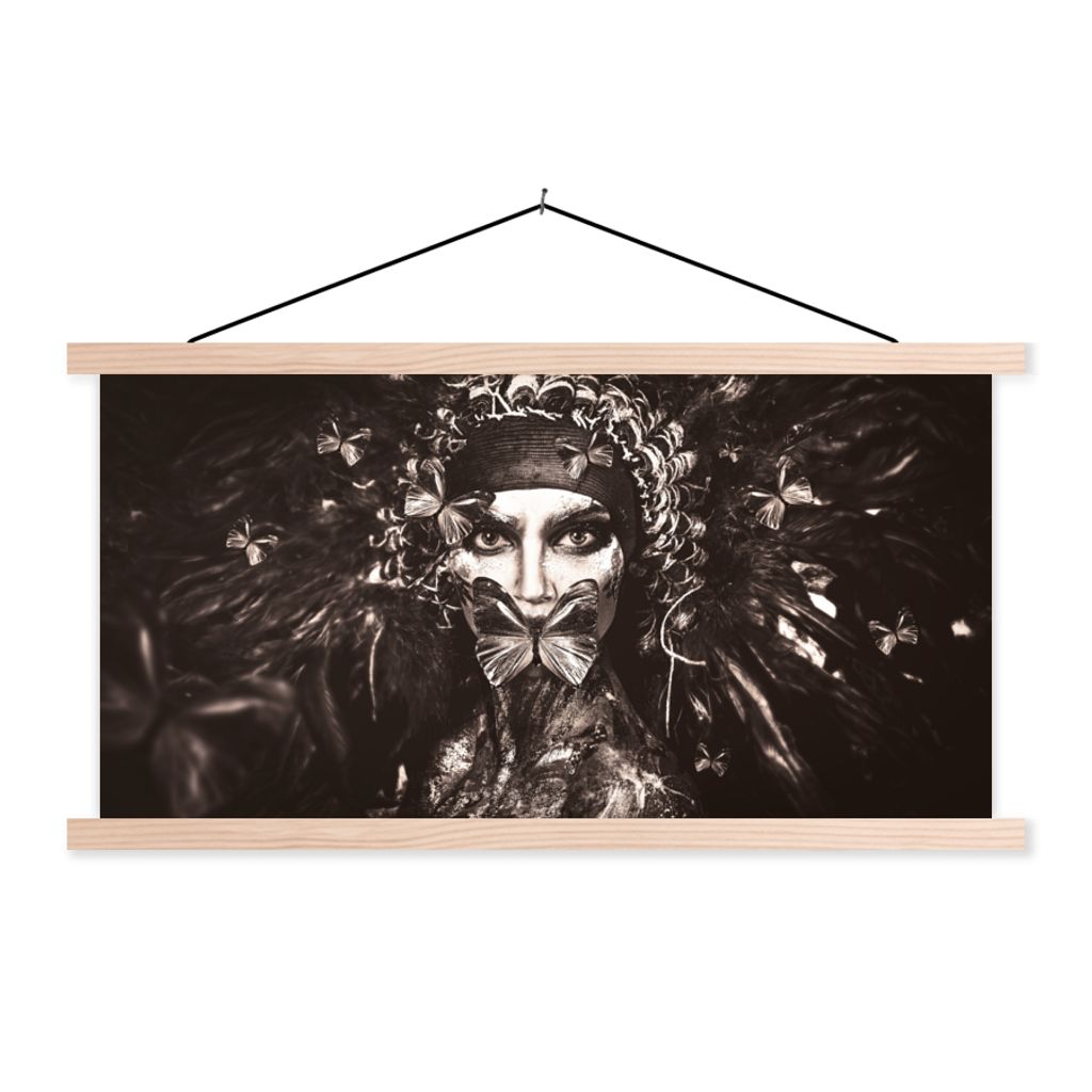 MuchoWow Textilposter Frau - Schmetterling - Farbe 60x30 cm mit holzfarbenen Rahmen - Dekoration