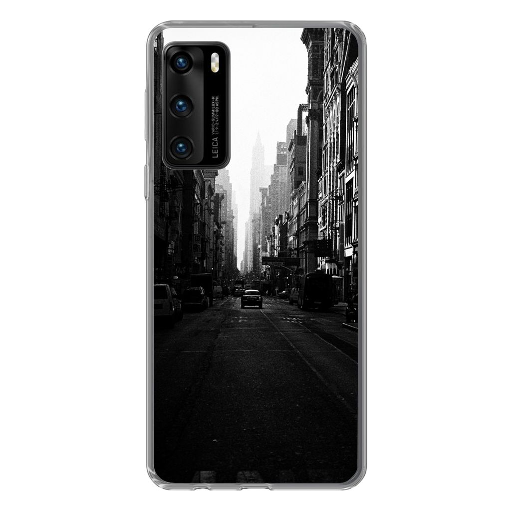 MuchoWow Handyhülle Schutzhülle Hülle für Huawei P40 Autofahrt durch eine ruhige Straße in New York in schwarz-weiß Silikon Softcase Handy ...
