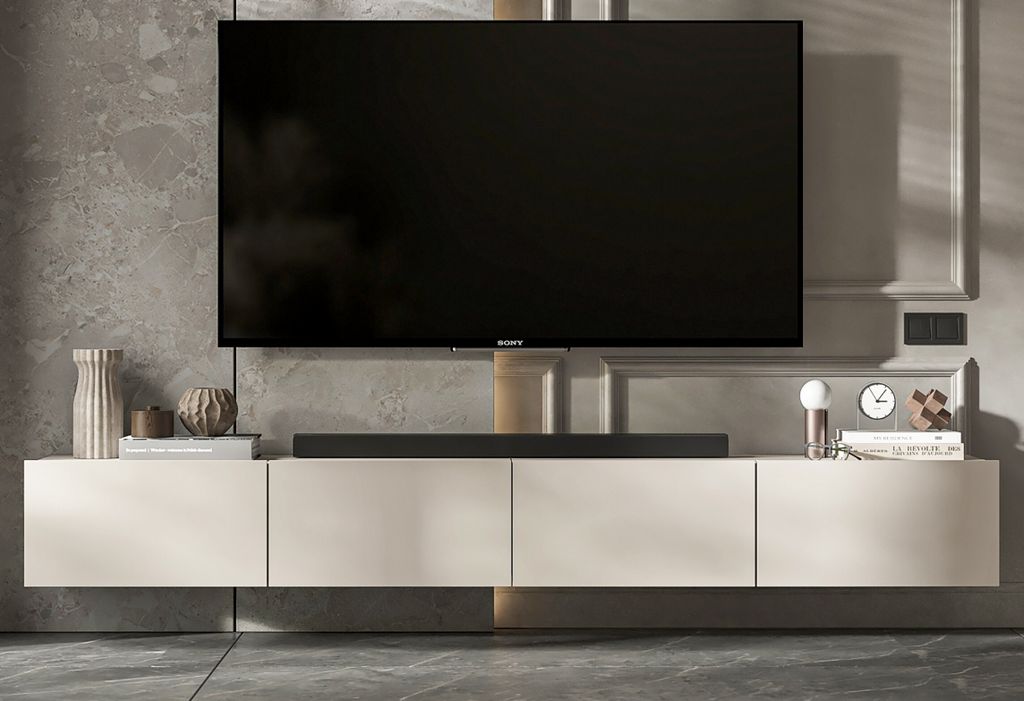 A modern TV stand with a TV mounted above it.