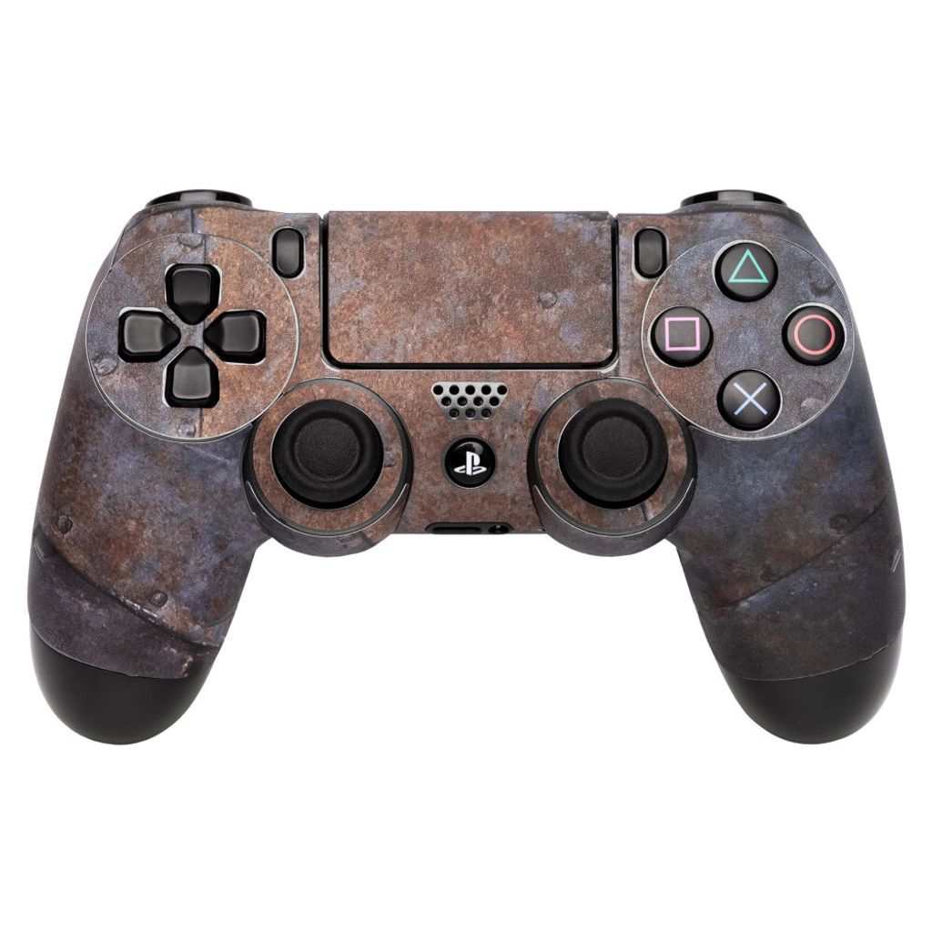 A PlayStation 4 controller with a rusty metal design.