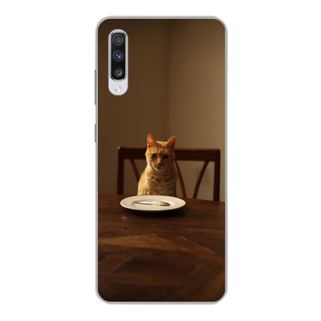 MuchoWow Handyhülle Schutzhülle Hülle für Samsung Galaxy A70 Katze - Esstisch - Teller Silikon Softcase Handy Hülle - Schutzhaube