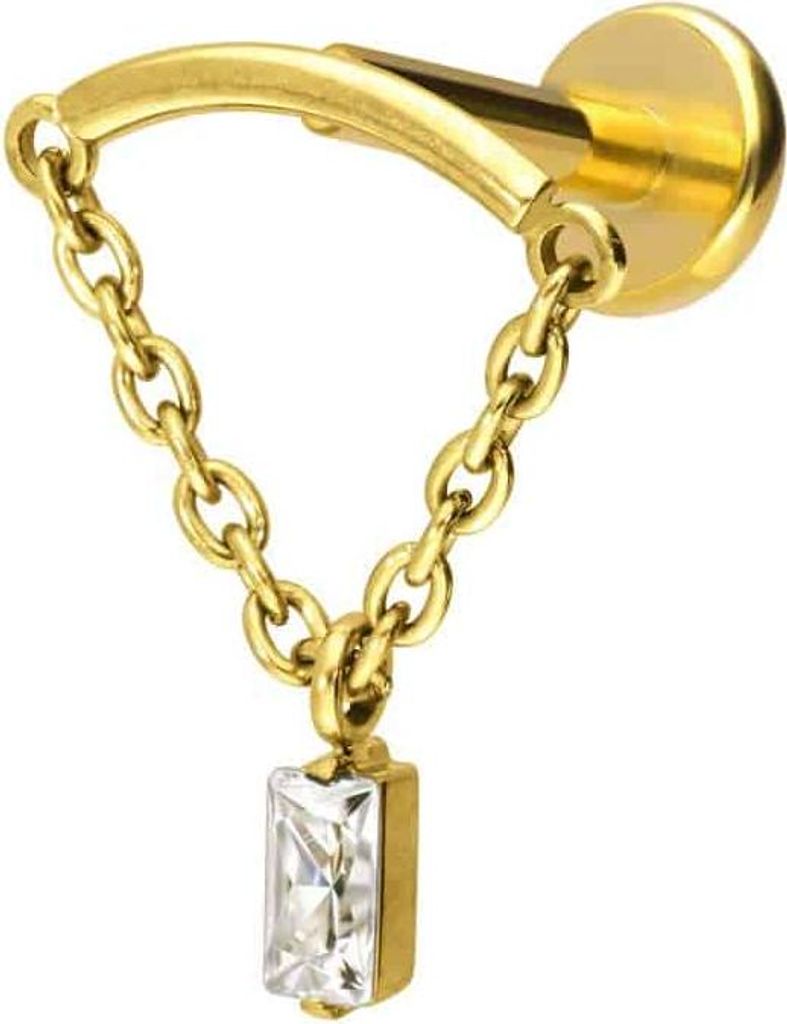 Ohrpiercing, Nasenpiercing Titan Labret mit Push Fit BOGEN + KETTE + KRISTALLRECHTECK Gold Stablänge: 9mm | Stabstärke: 1,2mm