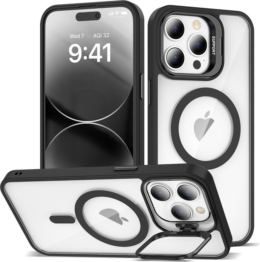 Magnetisch Hülle für iPhone 14, Kompatibel mit MagSafe, Transparent Rückseite TPU Bumper Handyhülle mit Kameraständer Schwarz