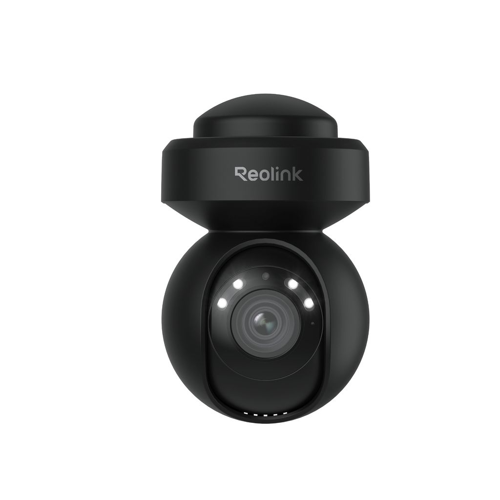 A black Reolink security camera with a dome-shaped top and a spherical camera body.