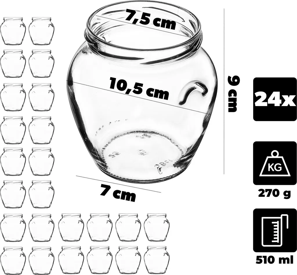 Barattoli per conserve KADAX da 510 ml con coperchio a vite fi82mm, barattoli a vite con coperchio, barattoli per conserve, barattoli per la conservazione di miele, frutta e verdura, barattoli per conserve (funghi, 24 pezzi) - 2
