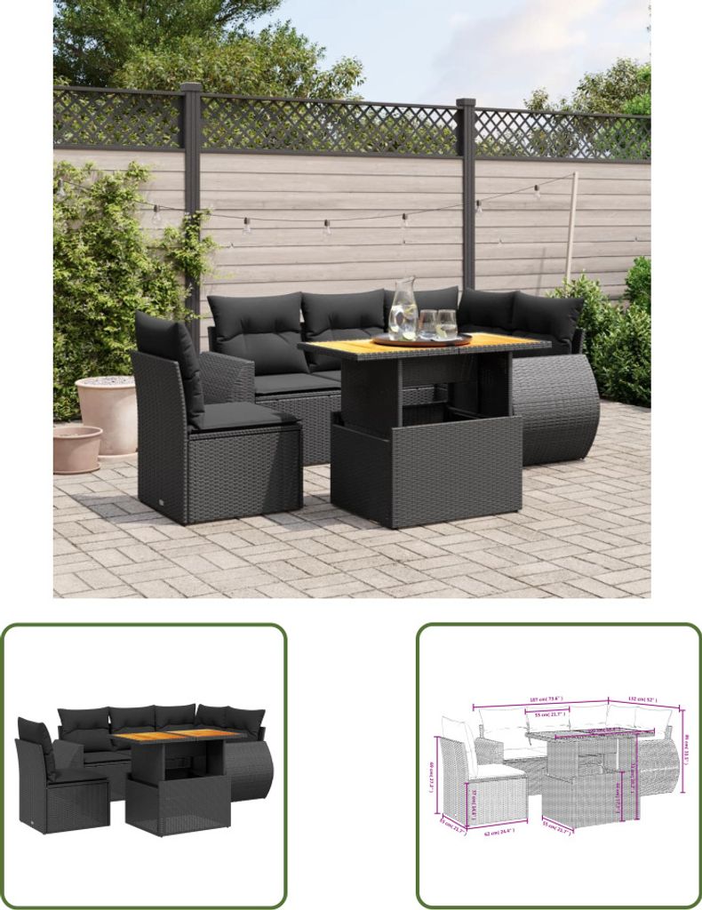The Living Store 6-tlg. Garten-Sofagarnitur mit Kissen Schwarz Poly Rattan