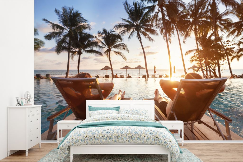 MuchoWow Fototapete für Wohnzimmer oder Schlafzimmer Wandtapete Vinyl Motivtapete Strand - Meer - Palme - 525x350 cm - Das Hintergrundbild