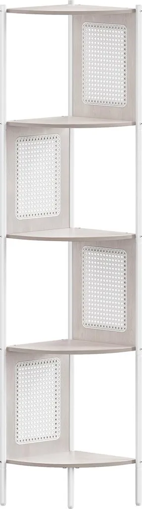 Bibliothèque d'angle beige avoine avec rotin pour petit espace et studio
