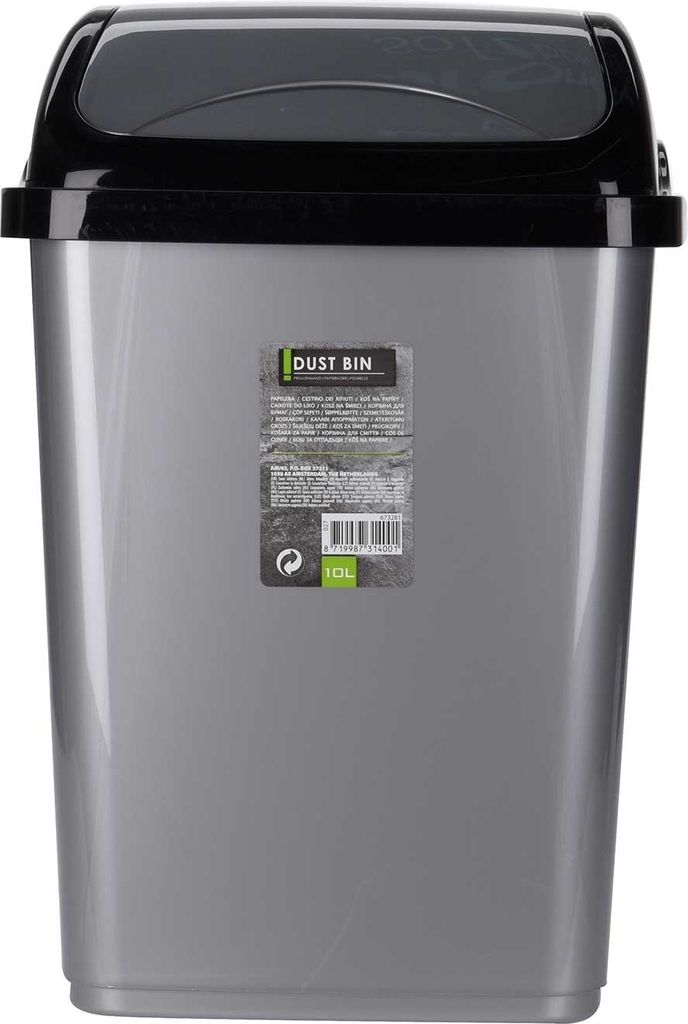 A gray dustbin with a black lid and a label on the front.