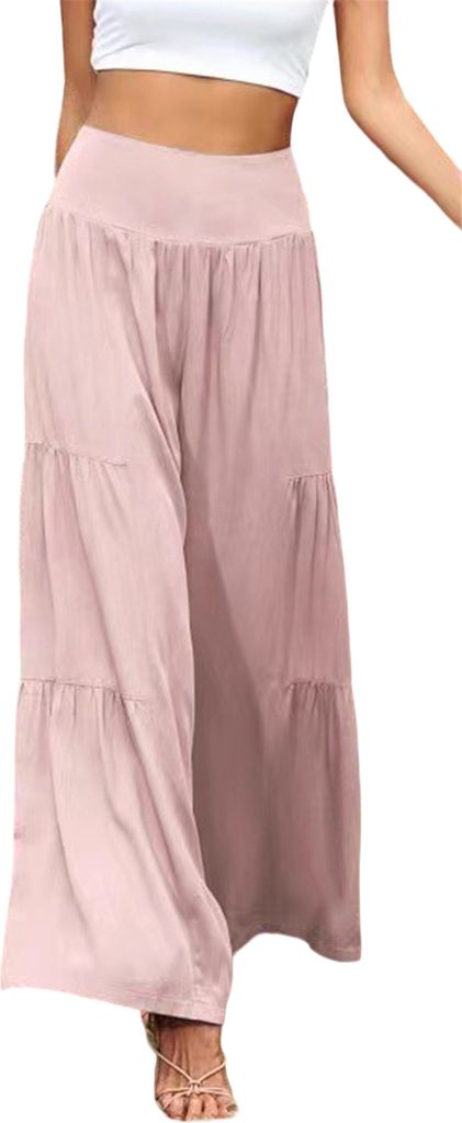 ASKSA Damen Leinenhose Sommer Elegant Hohe Taille Weites Bein Freizeithose Leichte Hosen, Rosa, Groesse: XXL