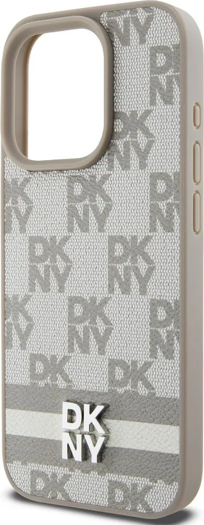 DKNY, Custodia elegante per iPhone 14 Pro con motivo a scacchi e strisce, giallo-grigio