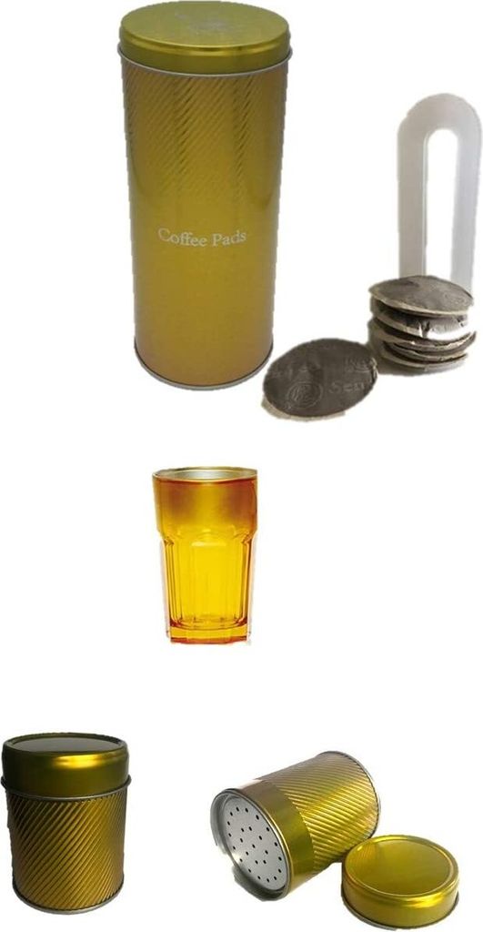 James Premium Kaffeepad-Dose, Blech, Metallic GOLD mit Padheber Schokostreuer Metallic Glas 269ml metallic