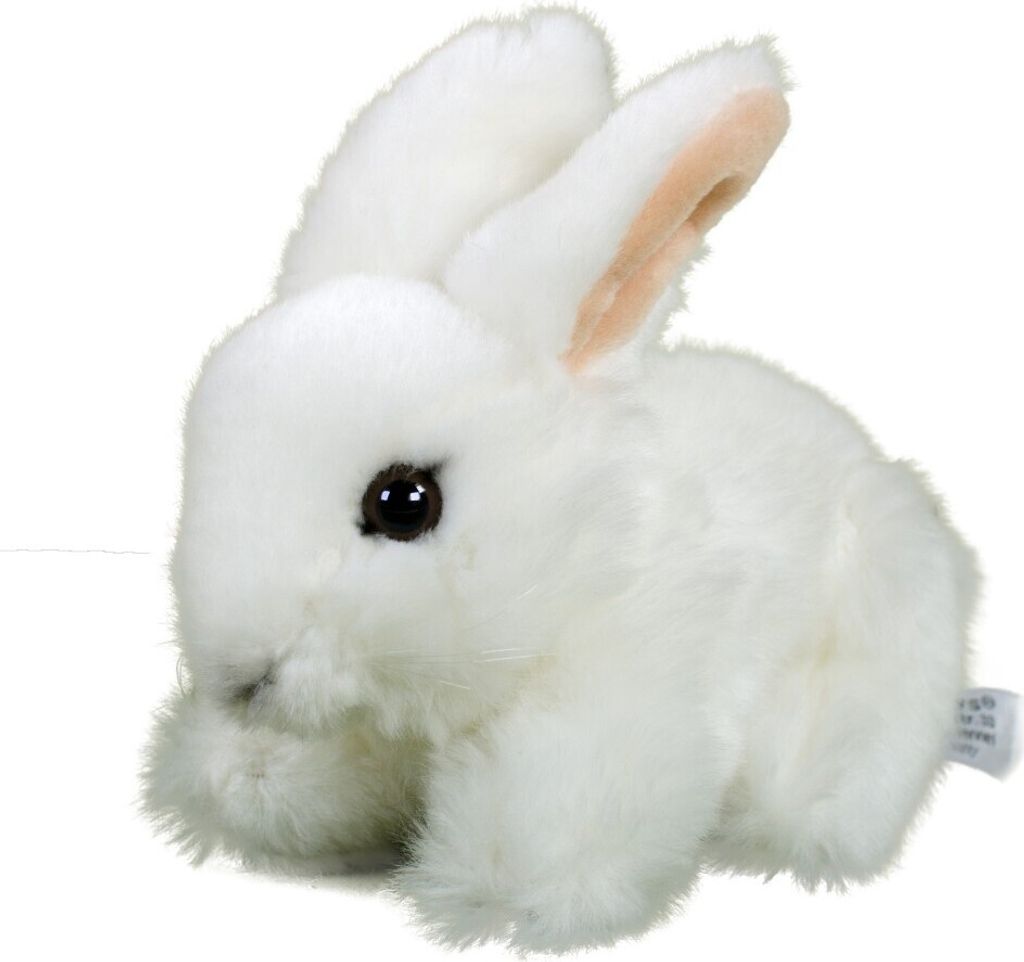 A plush toy rabbit sits on a white background.