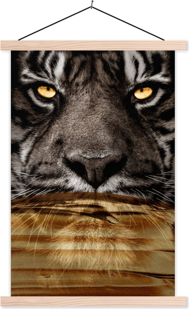 MuchoWow Textilposter Tiger - Porträt - Gold 120x180 cm mit holzfarbenen Rahmen - Textil-Plakat