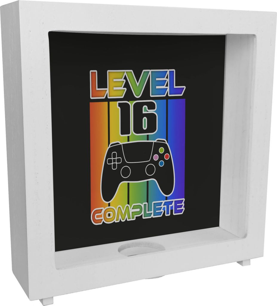 16. Geburtstag Gamer Rahmen Spardose aus Holz mit Spruch Level 16 complete