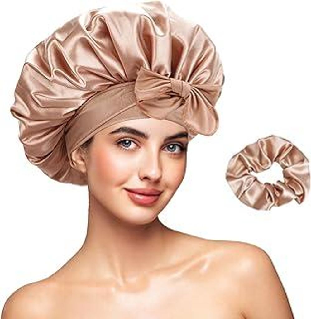 Galsangflower Satin Schlafhaube mit Scrunchies Set, Doppelseitige & doppelschichtige Bonnet für Locken, Extra große Haube mit Band für nächtlic...