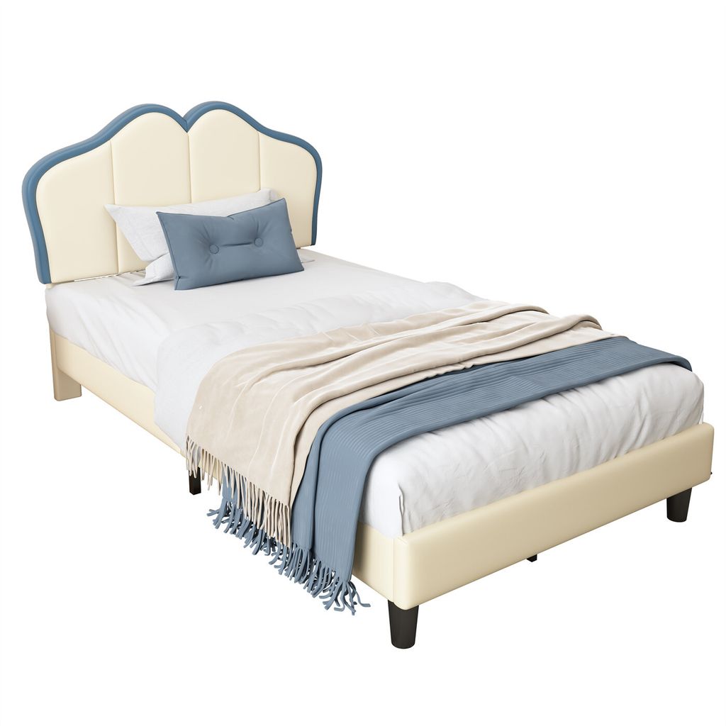 Polsterbett,Kinderbett,mit weichen Schutzkanten,Stabile Bettfüße, Elegantes gepolstertes Kopfteilprofil, Einzelbett, PU,Weiß+Blau