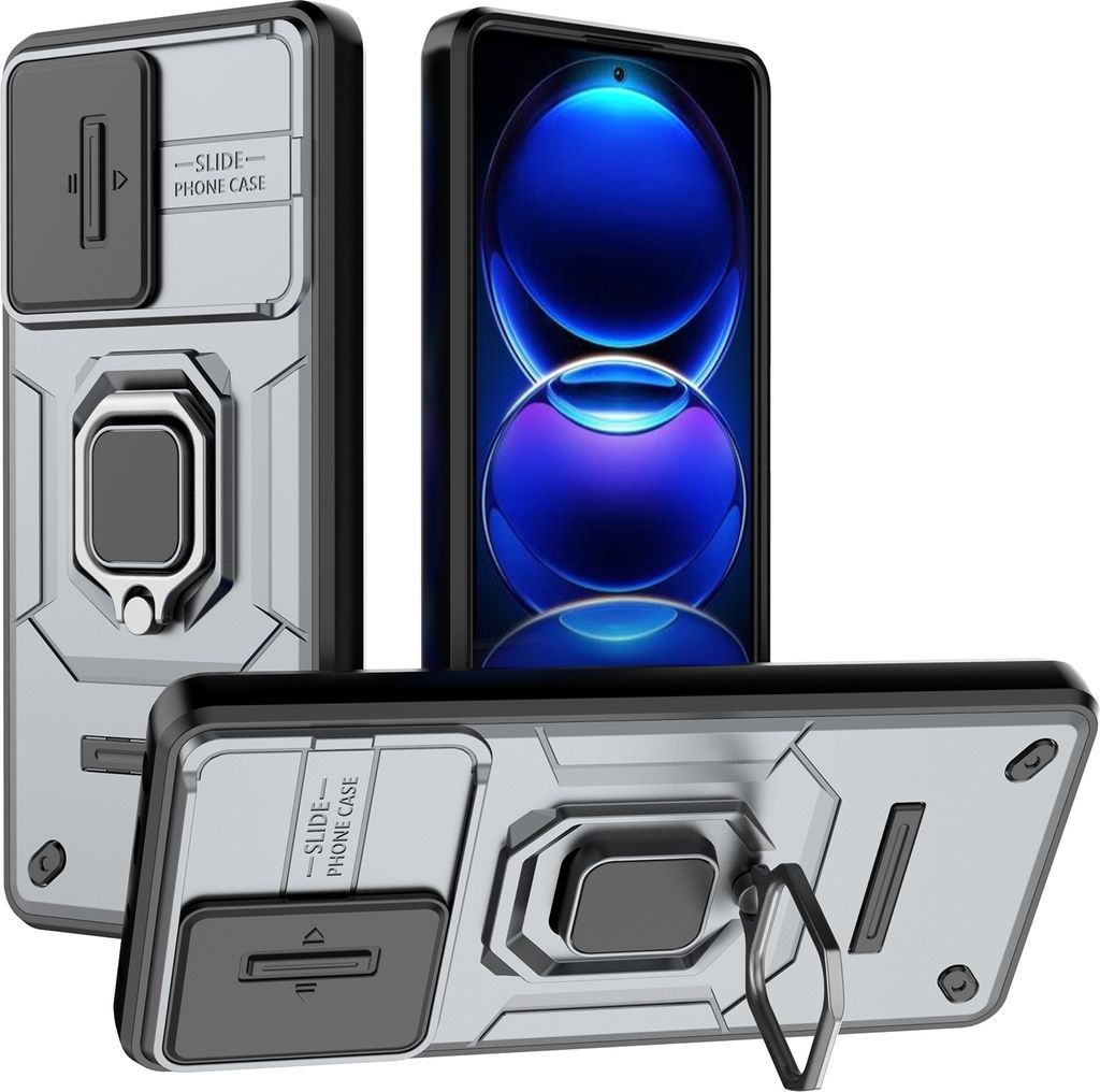 Hülle für Xiaomi Redmi Note 12 Pro+ 5G Dual Layer Handyhülle Schiebe Kamera Schutz und Ringhalter Ständer Grau