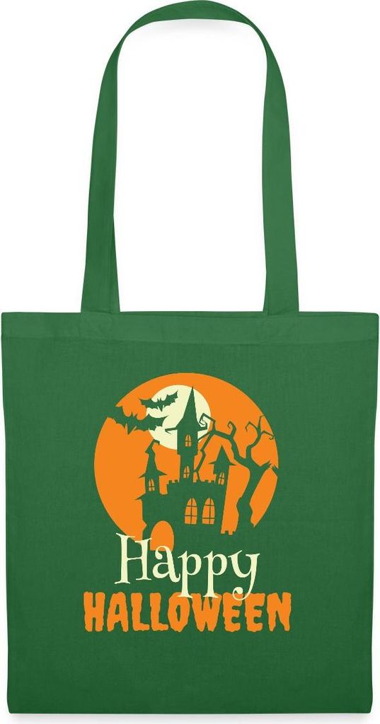 Spreadshirt Happy Halloween Spukhaus Mit Vollmond Und Fledermaus Stoffbeutel, One size, Fichte