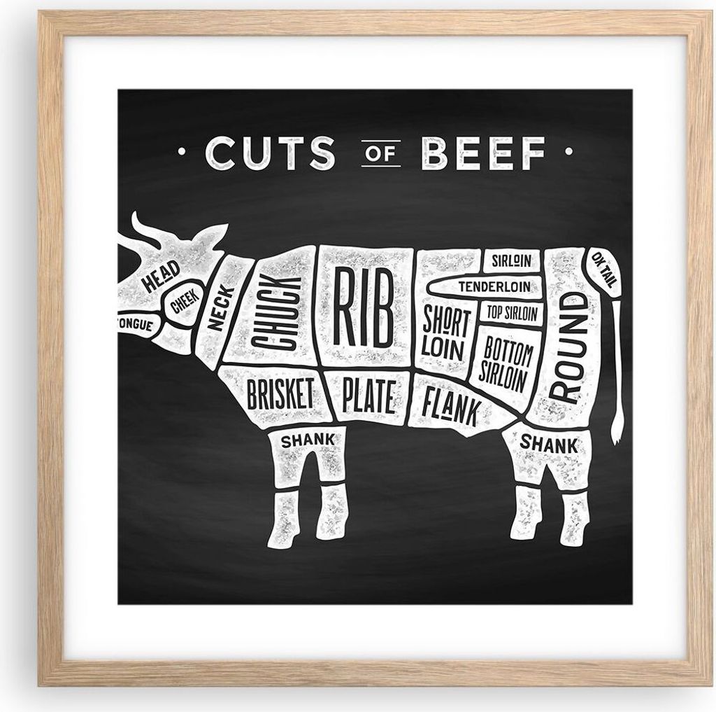 Gerahmtes Poster - Rahmen in heller Eiche - Kuh Rindfleisch Kochen Grafik - 40x40 cm - Wand Bild - Wanddeko - Wandbilder - Wandposter - Bilderrahme...