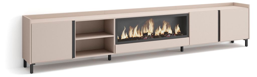 TV-Möbel Holzeffekt beige 315x35x61cm Kamin mit Feuereffekt XXL