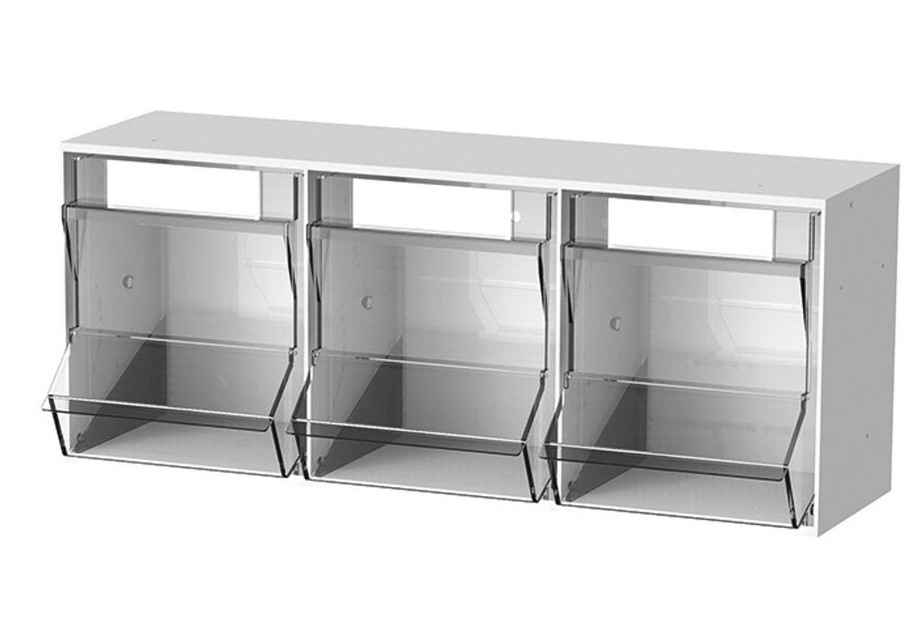 A white three-compartment dispenser unit.