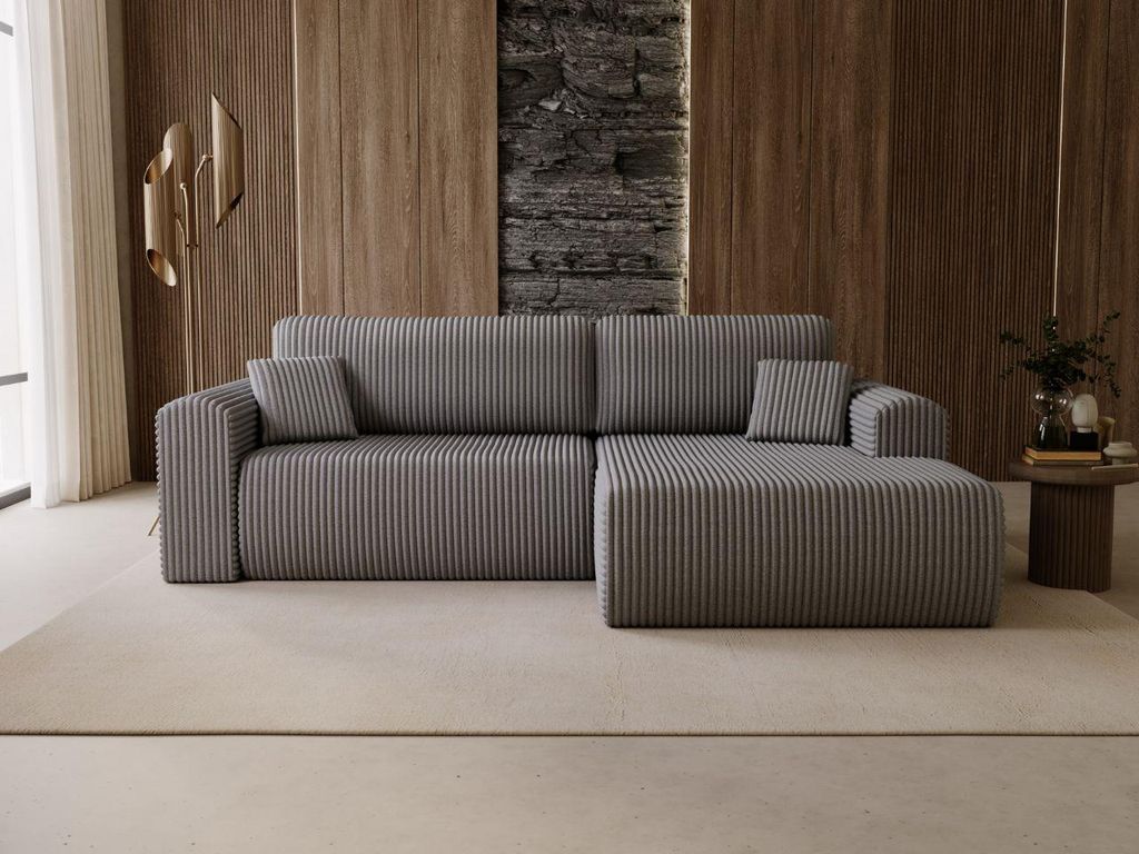 GrainGold Ecksofa L-Form Rechts Belvio- Ecksofa mit Schlaffunktion und Bettkasten- Moderne Ecksofa, Wohnzimmer Ecksofa- Eckcouch Dunkelgrau (Tilia 90)