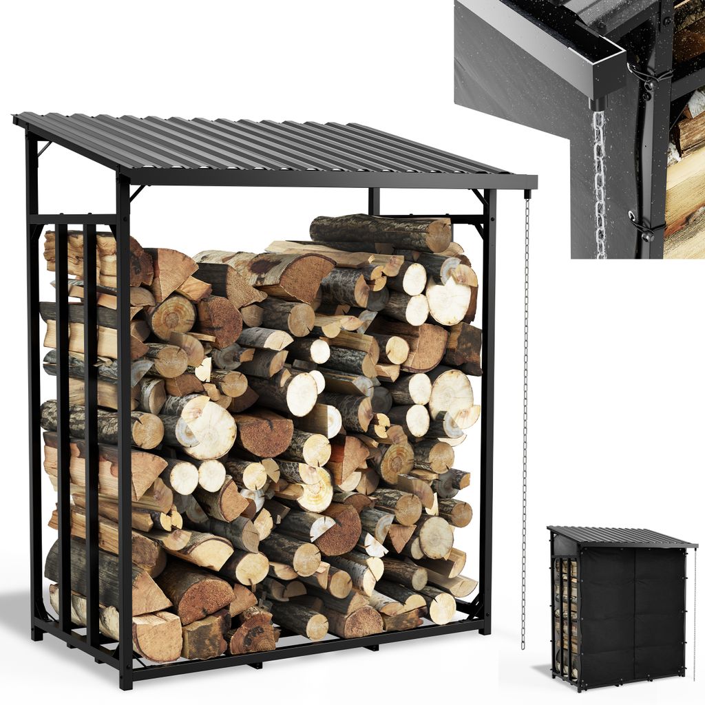 A metal firewood rack filled with logs, with a roof and a rain gutter detail shown in an inset.