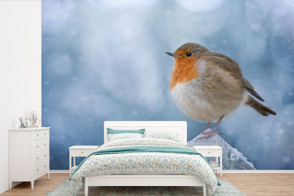MuchoWow Fototapete für Wohnzimmer oder Schlafzimmer Wandtapete Vinyl Motivtapete Rotkehlchen - Winter - Blau - 600x400 cm - Vinyltapeten