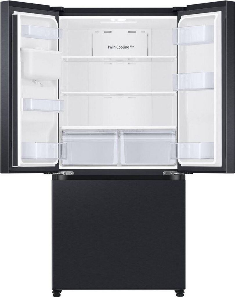 The interior of an open black French-door refrigerator.