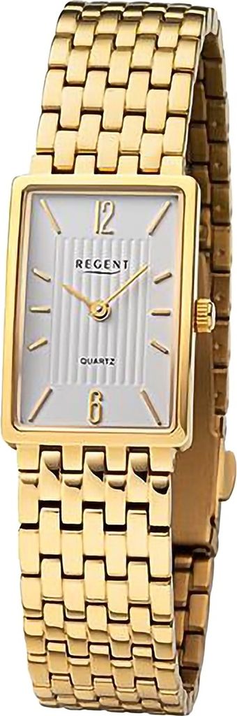 A product shot of a gold-colored watch with a rectangular white face.