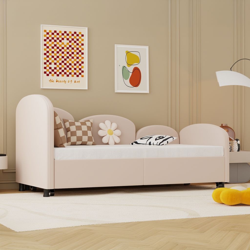 Flieks Polsterbett 90x200cm mit Ausziehbett, Tagesbett Kinderbett Jugendbett mit Rückenklehne, Einzelbett Daybed Sofabett mit Lattenrost, Samt, Rosa